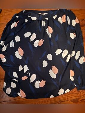 LOFT Navy Floral Tulip Blouse with White & Blush Accents